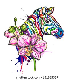 hand drawn ink color zebra and orchid on white background. design for poster, print, t-shirt, flyers. sketch. vector eps 8.