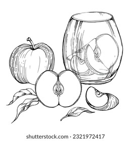 Composición de tinta dibujada a mano con frutos de manzana en placa de cerámica, llena y rodajas, con hojas y semillas. Aislado sobre fondo blanco. Diseño para arte en pared, boda, impresión, tela, cubierta, tarjeta