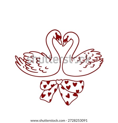 Hand drawn ink couple of swans and bow with hearts. Pair of cute wild birds. Symbol of love. Vintage whimsical clipart. Modern vector illustration