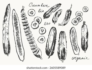 Hand drawn ink cucumber vegetable sketches set. Food drawings for labels and packaging. Vegetarian greens. Healthy diet.