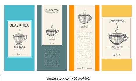 Hand drawn ink cups, Collection of templates for packaging tea, coffee, Design for label, banner, poster, branding identity with sketched cups and text, used for magazines, web sites, restaurant menu