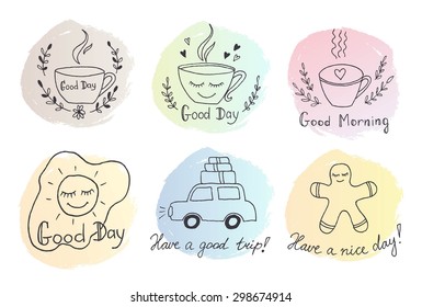 Hand drawn with ink cute cartoon pictures. Hello Autumn. Hello Summer, Love, Good Morning.