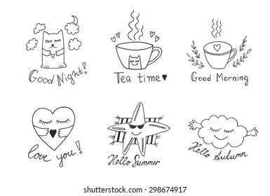 Hand drawn with ink cute cartoon pictures. Hello Autumn. Hello Summer, Love, Good Morning.