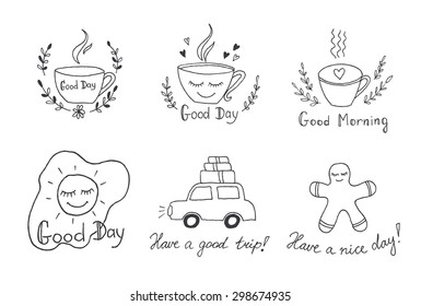 Hand drawn with ink cute cartoon pictures. Hello Autumn. Hello Summer, Love, Good Morning.