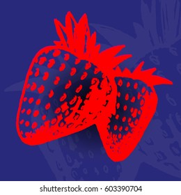 Hand Drawn Ink Design Strawberries. Red Strawberries Blue Background. Red Outline Black Shade Behind. Grunge Style. Vector EPS 10.