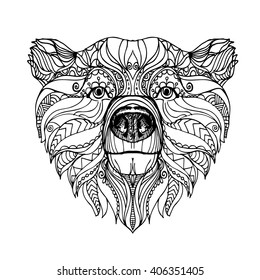 hand drawn ink doodle bear on white background. Coloring page - zendala, design for adults, poster, print, t-shirt, invitation, banners, flyers. vector eps 10