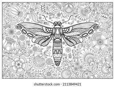 mariposa con doodle de tinta dibujada a mano y flores sobre fondo blanco. diseño para adultos, afiche, impresión, camiseta, invitación, pancartas, folletos. boceto. 