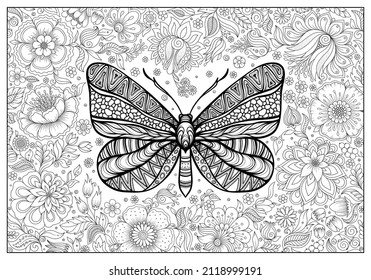 hand drawn ink doodle butterfly and flowers on white background. design for adults, poster, print, t-shirt, invitation, banners, flyers. sketch. 