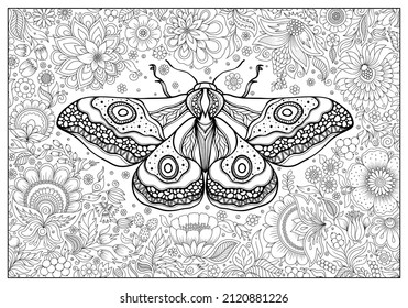 mariposa con doodle de tinta dibujada a mano y flores sobre fondo blanco. diseño para adultos, afiche, impresión, camiseta, invitación, pancartas, folletos. boceto. 