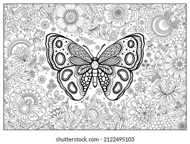 hand drawn ink doodle butterfly and flowers on white background. design for adults, poster, print, t-shirt, invitation, banners, flyers. sketch. 