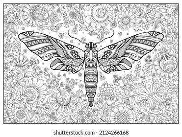 hand drawn ink doodle butterfly and flowers on white background. design for adults, poster, print, t-shirt, invitation, banners, flyers. sketch. 