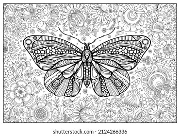 hand drawn ink doodle butterfly and flowers on white background. design for adults, poster, print, t-shirt, invitation, banners, flyers. sketch. 