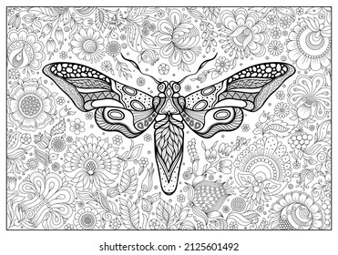 hand drawn ink doodle butterfly and flowers on white background. design for adults, poster, print, t-shirt, invitation, banners, flyers. sketch. 