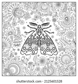 hand drawn ink doodle butterfly and flowers on white background. design for adults, poster, print, t-shirt, invitation, banners, flyers. sketch. 