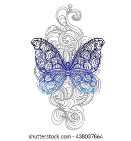 hand drawn ink doodle butterfly on white background. design for poster, print, t-shirt, invitation, banners, flyers. vector eps 10