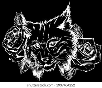 hand drawn ink doodle cat and flowers on white background.
