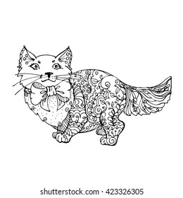 hand drawn ink doodle cat on white background. Coloring page - zendala, design for adults, poster, print, t-shirt, invitation, banners, flyers.