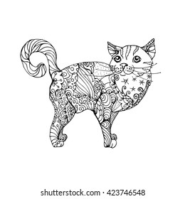 hand drawn ink doodle cat on white background. Coloring page - zendala, design for adults, poster, print, t-shirt, invitation, banners, flyers.