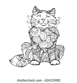 hand drawn ink doodle cat on white background. Coloring page - zendala, design for adults, poster, print, t-shirt, invitation, banners, flyers.