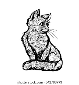 hand drawn ink doodle cat on white background. design for adults, poster, print, t-shirt, invitation, banners, flyers. sketch. vector eps 8.