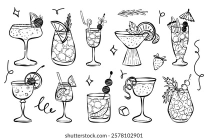 Hand drawn ink doodle cocktails. Alcoholic drinks in glasses collection. Illustration for drinks cards, bar and wedding menu, beach party posters