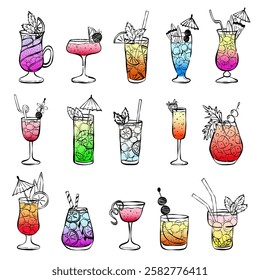 Hand drawn ink doodle cocktails. Alcoholic drinks in glasses with gradient collection. Scribble drawings for cocktail party invitations, cafe an restoraints menu