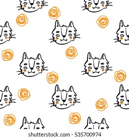 Hand drawn ink doodle cute cat vector seamless pattern for cards, wrapping, decoration and textile