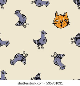 Hand drawn ink doodle cute cat and pigeon vector seamless pattern for cards, wrapping, decoration and textile