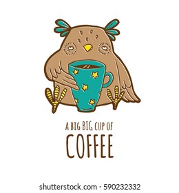 Hand drawn ink doodle cute owl with coffee vector card