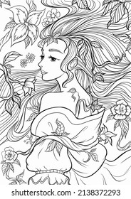 hand drawn ink doodle face and flowing hair on white background. coloring page, design for adults