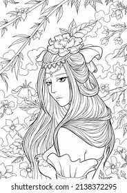 hand drawn ink doodle face and flowing hair on white background. coloring page, design for adults