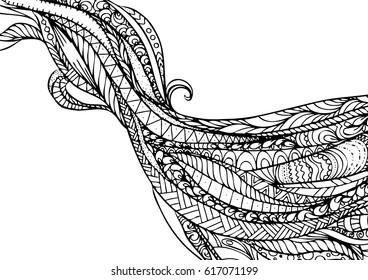 hand drawn ink doodle flowing hair on white background. design for adults, poster, print, t-shirt, flyers. sketch. vector eps 8.