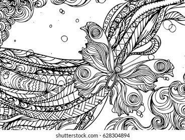 handgezeichnet, rosafarbene Doodle fließend Haar und Schmetterling auf weißem Hintergrund. Design für Erwachsene, Poster, Druck, T-Shirt, Flyer. Skizze. Vektor eps 8.