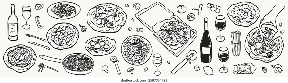 Hand drawn ink doodle food illustration. Sketch style breakfast, brunch or lunch icons. Vector wine glass, pasta, pizza Illustrations for invitations, menus and parties. La dolce vita italian style.