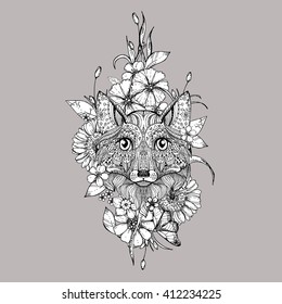 hand drawn ink doodle fox and flowers on grey background. Coloring page - zendala, design for adults, poster, print, t-shirt, invitation, banners, flyers.