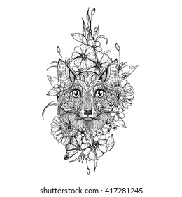 hand drawn ink doodle fox and flowers on white background. Coloring page - zendala, design for adults, poster, print, t-shirt, invitation, banners, flyers.