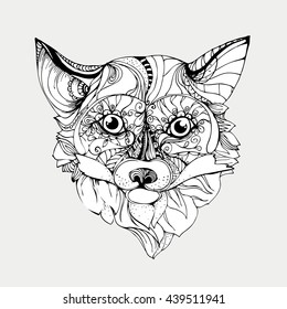 hand drawn ink doodle fox on white background. Coloring page - zentagle, design for adults, poster, print, t-shirt, invitation, banners, flyers. vector eps 8.