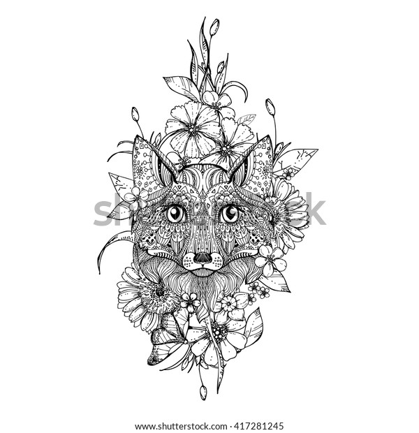 Hand Drawn Ink Doodle Fox Flowers Stock Vector (Royalty Free) 417281245