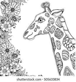 hand drawn ink doodle giraffe and flowers on white background. design for adults, poster, print, t-shirt, invitation, banners, flyers. sketch. vector eps 8.
