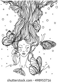 hand drawn ink doodle girls face and flowing hair on white background. design for adults, poster, print, t-shirt, invitation, banners, flyers. sketch. vector eps 8.