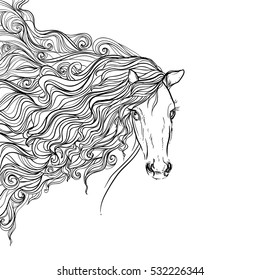 hand drawn ink doodle horse with mane on white background. design for adults, poster, print, t-shirt, invitation, banners, flyers. sketch. vector eps 8. 