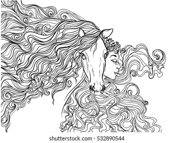 hand drawn ink doodle horse with mane and girls on white background. design for adults, poster, print, t-shirt, invitation, banners, flyers. sketch. vector eps 8. 