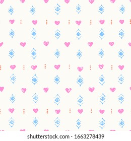 Diseño naive de doodle de tinta dibujada a mano con formas de diamante azul, corazones rosados, puntos. Sencillo fondo geométrico para un diseño bonito.