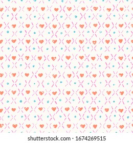 Hand drawn ink doodle naive style seamless pattern with pink net of diamond shapes, red hearts and green dots. Simple geometric background for cute design.