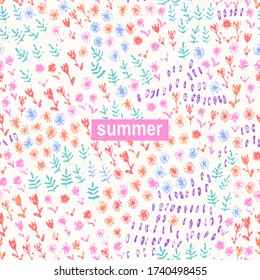 Hand drawn ink doodle naive style background with colorful red, pink, blue flowers and green leaves. Minimalistic floral background for cute design.