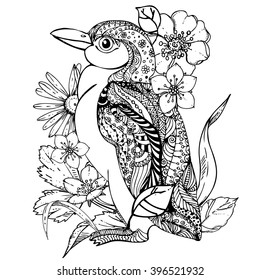 hand drawn ink doodle penguin and flowers on white background. Coloring page - zendala, design for adults, poster, print, t-shirt, invitation, banners, flyers. 