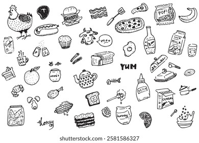 Dibujado a mano doodle de tinta conjunto de alimentos y artículos de cocina Vector