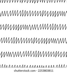 Hand drawn ink doodle simple zigzag pattern. Monochrome colors. Expressive seamless abstract background in black and white. Trendy brush marks. Vector illustration