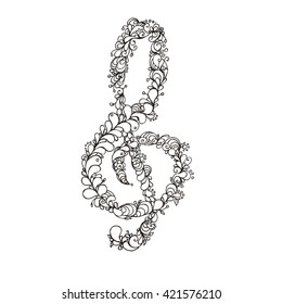 hand drawn ink doodle treble clef on white background. Coloring page - zendala, design for adults, poster, print, t-shirt, invitation, banners, flyers.