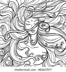 hand drawn ink doodle womans face and flowing hair on white background. design for adults, poster, print, t-shirt, invitation, banners, flyers. vector eps 8.